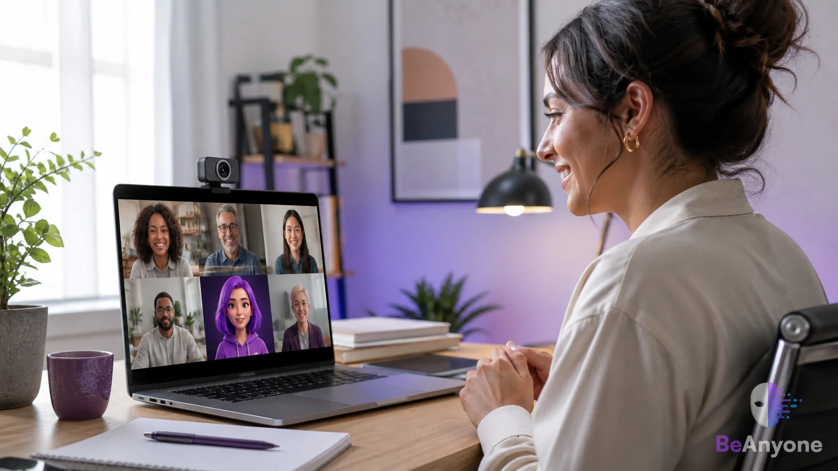 Professional joining a video meeting with a fictional camera persona