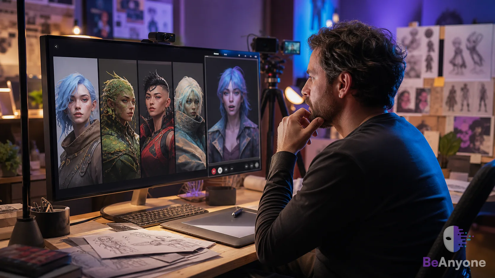 Creator reviewing original live character concepts
