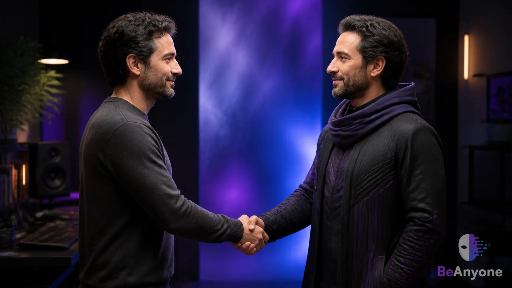 A creator shaking hands with his transformed self